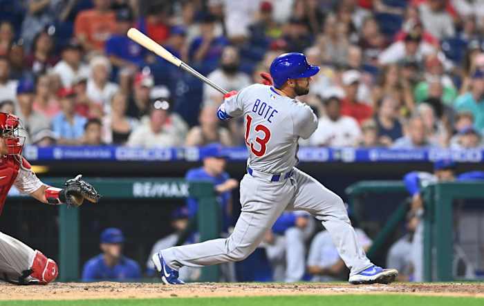 Chicago Cubs infielder David Bote playing against Philadelphia earlier this year.